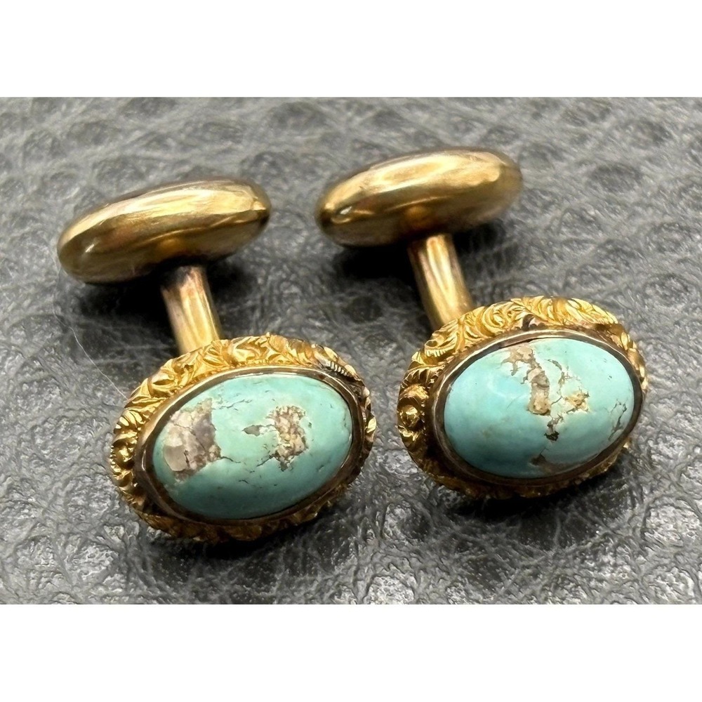 Antique Vintage Victorian 10K Gold Turquoise Oval Cufflinks